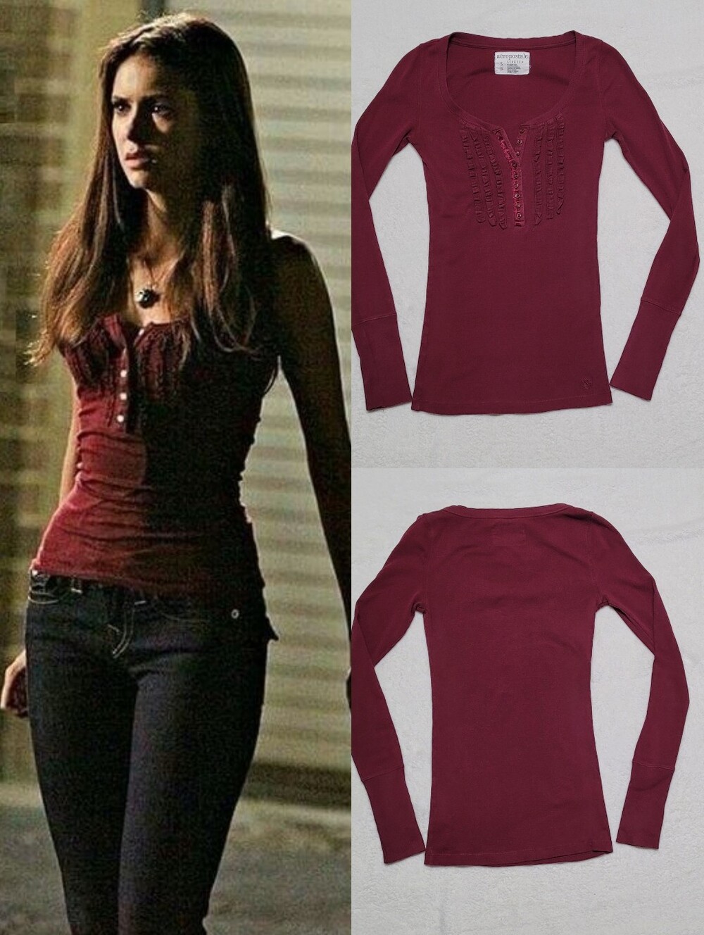 Elena Gilbert Vampire Diaries Vintage Y2K Aéropostale Maroon Ruffled Henley S
